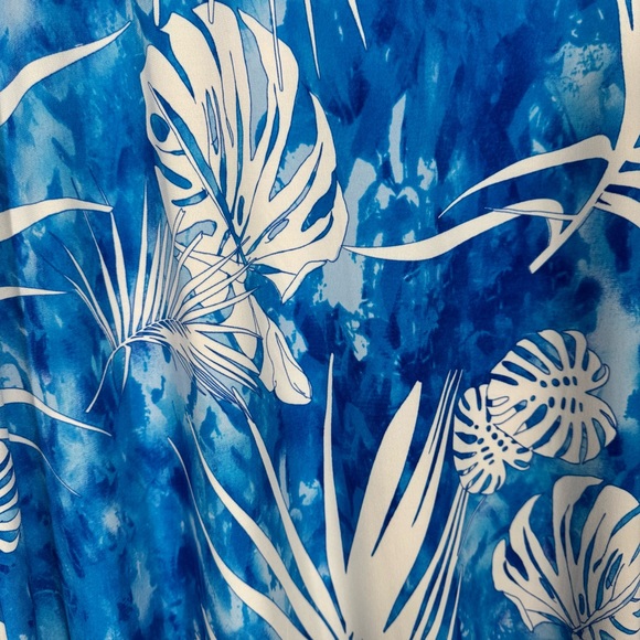 Clara Sun Woo Asymmetrical Tropical Palm Leaf Tunic Top Blouse L Blue White - Picture 2 of 7